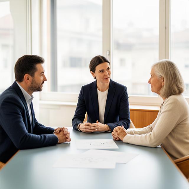 Consulente finanziario che conversa con una coppia in un ufficio luminoso vicino a Codogno